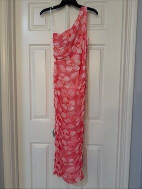 Hello Molly Coral Pink One-Shoulder Floral Ruched midi dress
